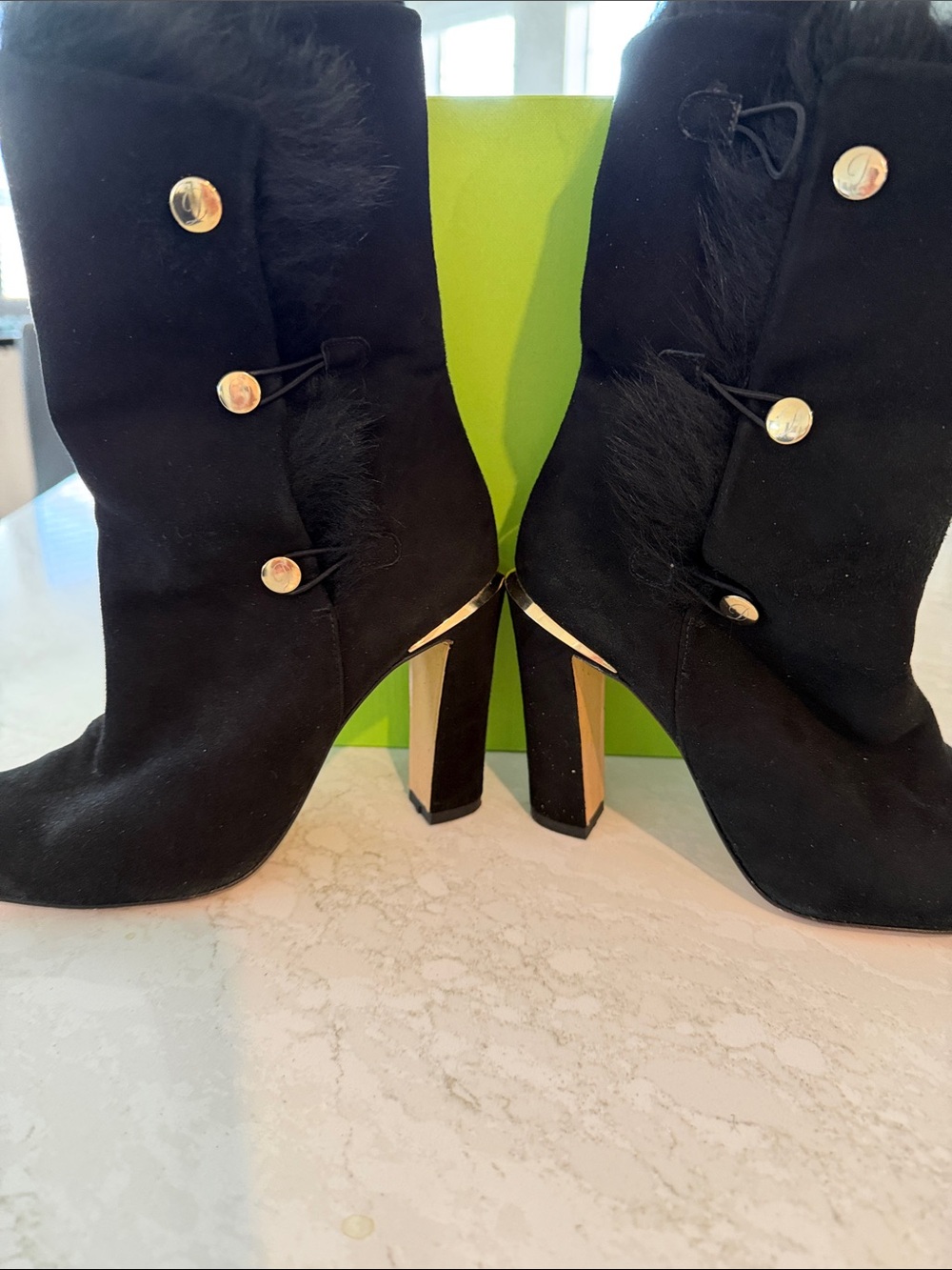 Delman Black Suede Fur Trim Gold Button Heeled Boots Size 7M